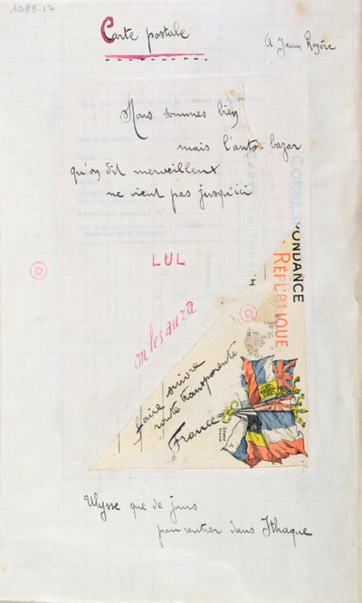 &39;Carte-Postale&39;, poema dedicado a Jean Royere da coleção &39;Case d&39;Armons&39; de 1915 (caneta e tinta sobre papel) de Guillaume Apollinaire